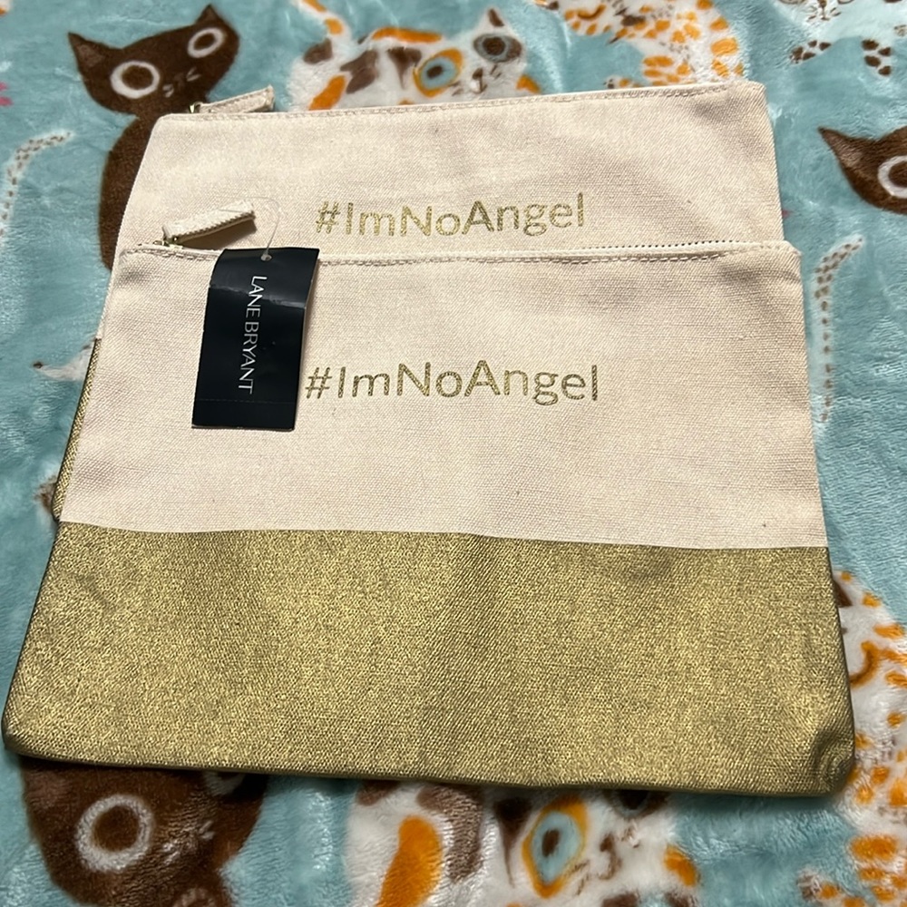 Lane Bryant Make up Bags #ImNoAngel Zipper Bags Gold Dipped Canvas 9.5”x7.5”